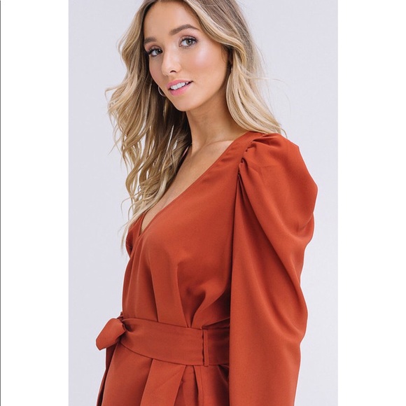 Brick V-Neck Wrap Puff Shoulder Top - Picture 5 of 7